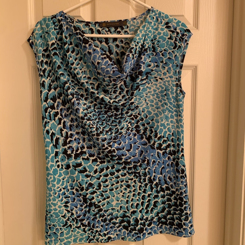 Turquoise, blue, black and cream blouse